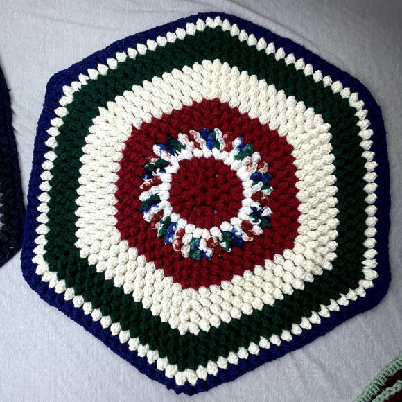 3 Handmade Multi-Color Brown Green Crochet Hexagon Afghan Area Chair Rugs - Picture 3 of 7